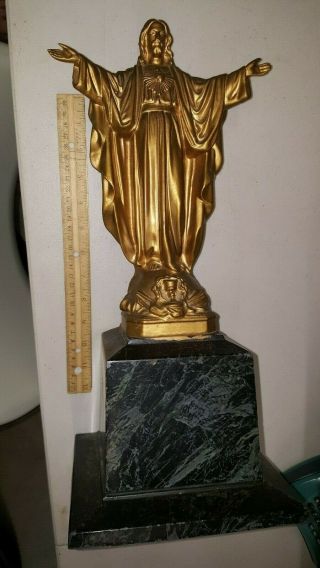 Vintage Large Heavy Metal Statue On The Sacred Heart Of Jesus Measures 17 Inches