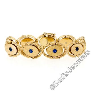 Vintage 14K Yellow Gold.  80ctw Sapphire Florentine Swing Link Statement Bracelet 2