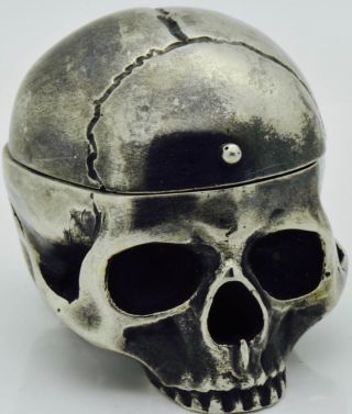 Rare Antique Georgian Memento Mori Silvered Human Skull Shaped Ring Box