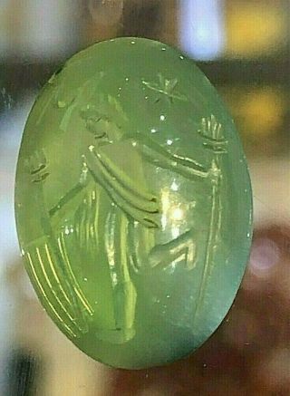 Top Ancient Green Agate Intaglio Greek God Hermes Holding Trident Seal Bead