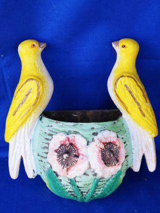 Antique Yellow Canary Bird Wall Pocket Vase Basket Weller Pottery Unique ❤️j8