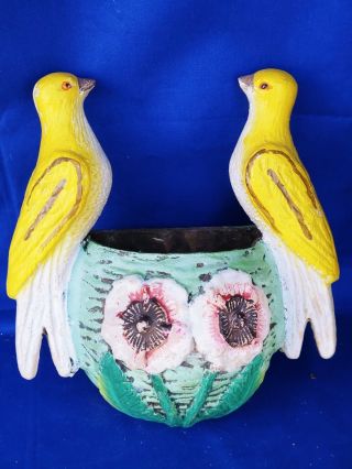 Antique YELLOW CANARY Bird Wall Pocket Vase Basket WELLER POTTERY UNIQUE ❤️j8 3