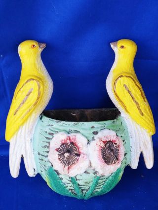 Antique YELLOW CANARY Bird Wall Pocket Vase Basket WELLER POTTERY UNIQUE ❤️j8 4