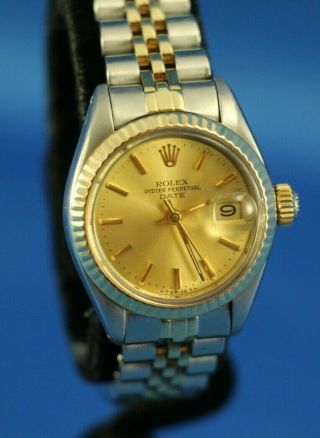 Rolex Date Ladies Two - Tone Gold & Sst Watch Oyster Champagne Dial 6917