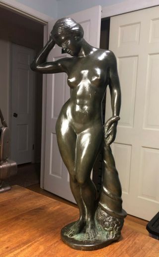 Antique Bronze Nude Woman Cornucopia 24 " Tall Sculpture Statue Monogrammed H.  S.