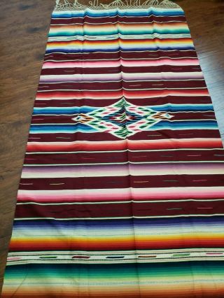 Vtg 70s Saltillo Mexican Serape Striped Blanket Rug 106 " X 45 ",  Fringe Wool