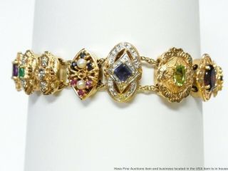 Vintage 14k Gold Multi Gemstone Pearl Bracelet 15 Slide Chain Charms 41.  5 Gram