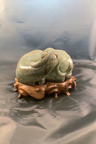 Chinese Antique Jade Horse Wooden Stand Natural Jade Color
