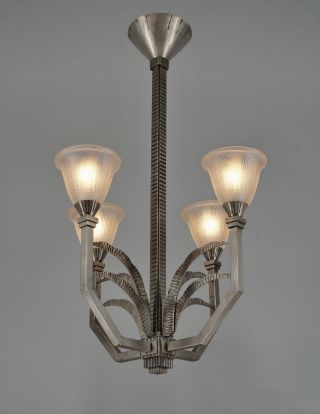 Fournet & Muller Freres : Signed French 1930 Art Deco Chandelier.  Lustre Lamp