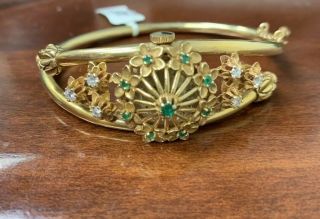 Vintage Retro 14k Solid Gold Emerald Diamond Piere Cordier Watch Bangle Bracelet