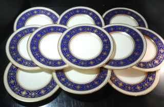 12 Stunning Antique Minton Gilt & Cobalt 10 1/4 " Dinner Plates For Tiffany & Co.