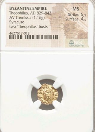Byzantine Empire Theophilus Tremissis Ngc Ms 5/4 Ancient Gold Coin