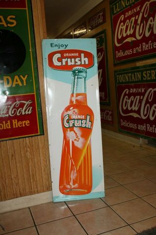 Scarce 1950s 54 " Enjoy Orange Crush Bottle Embossed Metal Sign Rare Soda 66