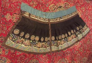 Antique Chinese Pleated Black Gold Dragon Silk Wrap Around Skirt 37x87 Inches