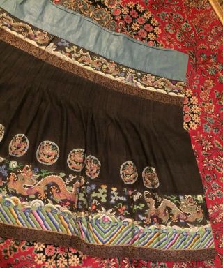 Antique Chinese Pleated Black Gold Dragon Silk Wrap Around Skirt 37x87 Inches 5