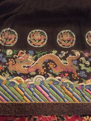 Antique Chinese Pleated Black Gold Dragon Silk Wrap Around Skirt 37x87 Inches 7
