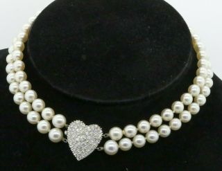 Antique 14k Wg 3.  35ct Vs1/f Diamond Heart Clasp Double Strand Pearl Necklace