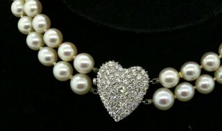 Antique 14K WG 3.  35CT VS1/F diamond heart clasp double strand pearl necklace 2