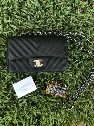 Chanel Rectangle Mini Black Chevron Caviar Leather Classic Flap Bag Silver Rare