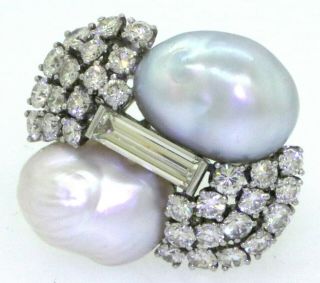 Heavy vintage Platinum VS1 3.  40CT diamond & pearl cocktail ring size 6.  75 2