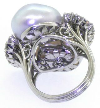 Heavy vintage Platinum VS1 3.  40CT diamond & pearl cocktail ring size 6.  75 3