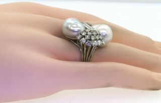 Heavy vintage Platinum VS1 3.  40CT diamond & pearl cocktail ring size 6.  75 5