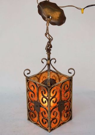 Vintage ' Spanish Revival ' - Wrought iron - Pendant Lantern LAMP w/Mica 1920 ' s 3