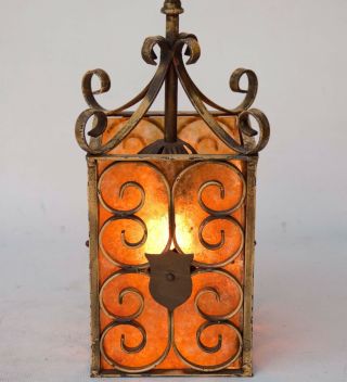 Vintage ' Spanish Revival ' - Wrought iron - Pendant Lantern LAMP w/Mica 1920 ' s 4