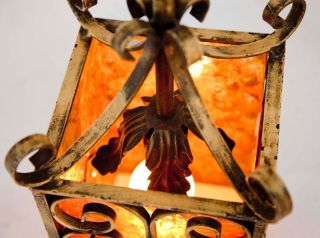 Vintage ' Spanish Revival ' - Wrought iron - Pendant Lantern LAMP w/Mica 1920 ' s 8
