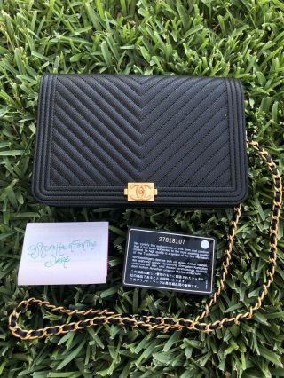 Chanel Woc Wallet On Chain Boy Chevron Black Caviar Gold Hw Bag Crossbody Rare