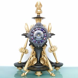 Japy Freres Antique French Mantel Clock Very Rare 1850s Art Nouveau Zinc Bronze