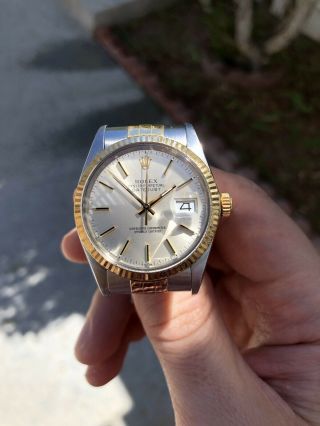 Rolex Datejust Watch Silver Dial 18k Yellow Gold & Steel 16013 Jubilee Bracelet