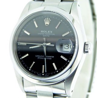 Mens Rolex Date Stainless Steel Watch Oyster Band Domed Bezel Black Dial 15200