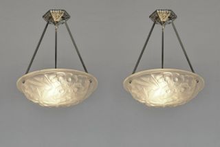 Degue : A Of Pair French 1930 Art Deco Pendants.  Chandelier Muller Era Lamp