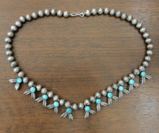 Vtg Native American Navajo Sterling Silver Turquoise Squash Bow Tie 16 " Necklace