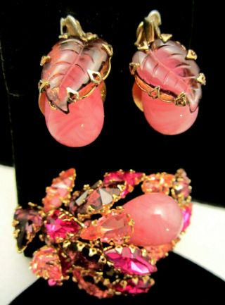 Rare Vintage Schreiner York Pink Glass Rhinestone Brooch & Clip Earring Set