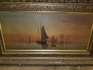 Antique 17th Century Seascape Boat Oil Painting Signed 36x16