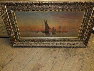 Antique 17th century Seascape Boat Oil Painting Signed 36x16 2