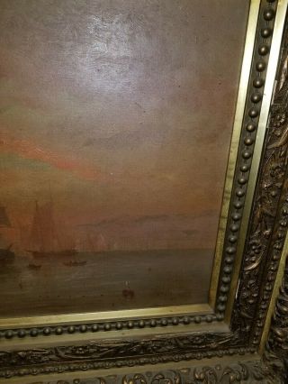 Antique 17th century Seascape Boat Oil Painting Signed 36x16 3