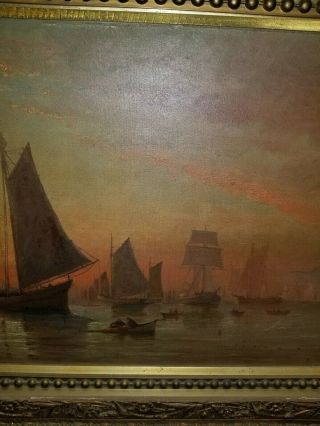 Antique 17th century Seascape Boat Oil Painting Signed 36x16 4