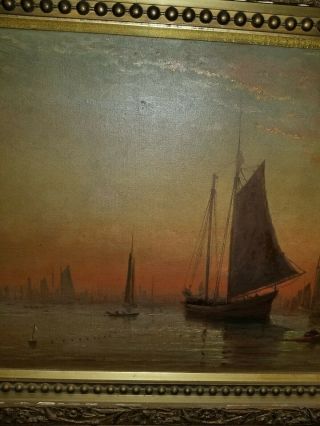 Antique 17th century Seascape Boat Oil Painting Signed 36x16 5