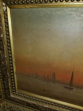 Antique 17th century Seascape Boat Oil Painting Signed 36x16 6