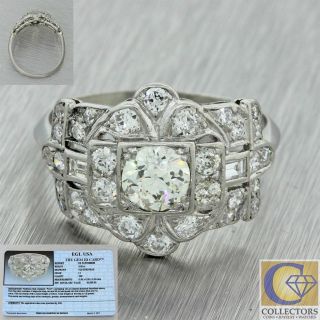 1920s Antique Art Deco Solid Platinum 1.  23ctw Diamond Cluster Ring Egl
