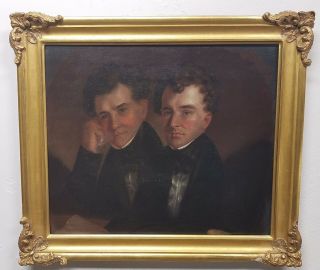 Antique American Americana Folk Art Oil Painting Of Twin Brothers Circa 1820