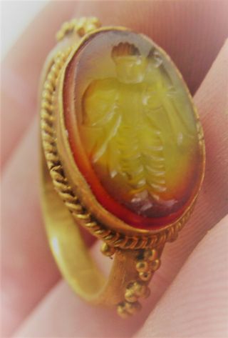 Ancient Roman High Carat Gold Seal Ring W/ Carnelian Intaglio Winged Nike