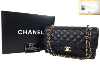 100 Auth Chanel Flap Bag Chain 2.  55 Caviar Black Gold Vintage Medium 25 Quilted