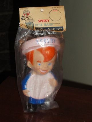 Vintage 1950s Alka - Seltzer Speedy Toy Doll Bank Package Rare