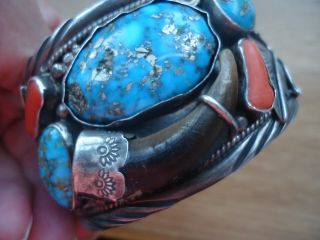 Vintage Old Pawn Turquoise Coral Faux Bear Claw Sterling Cuff Bracelet Jaque