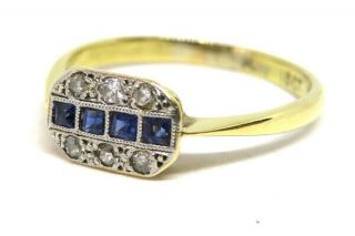 18ct Yellow Gold Art Deco Sapphire And Diamond Panel Ring Size P Vintage
