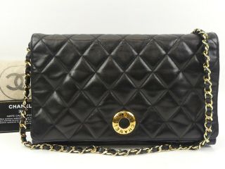R1841 Auth Chanel Vintage Black Quilted Lambskin Push Lock Chain Shoulder Bag